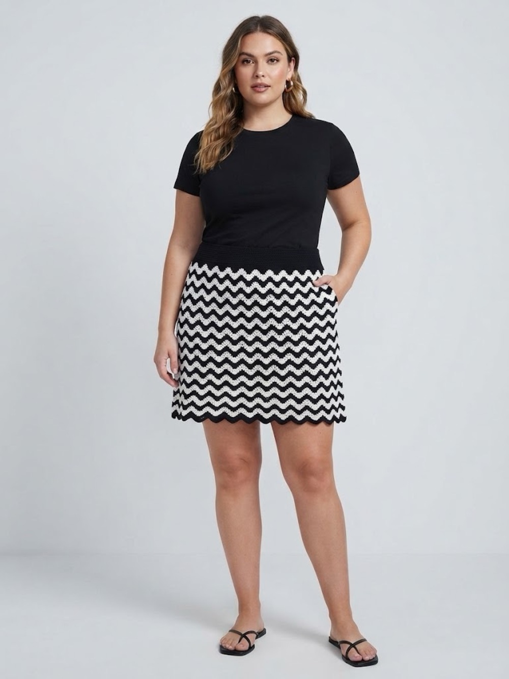 Ava & Viv Black and White Chevron Knit Mini Skirt